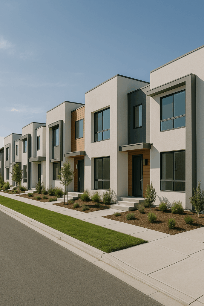 alt="casas modernas terminadas de proyecto sobre plano"